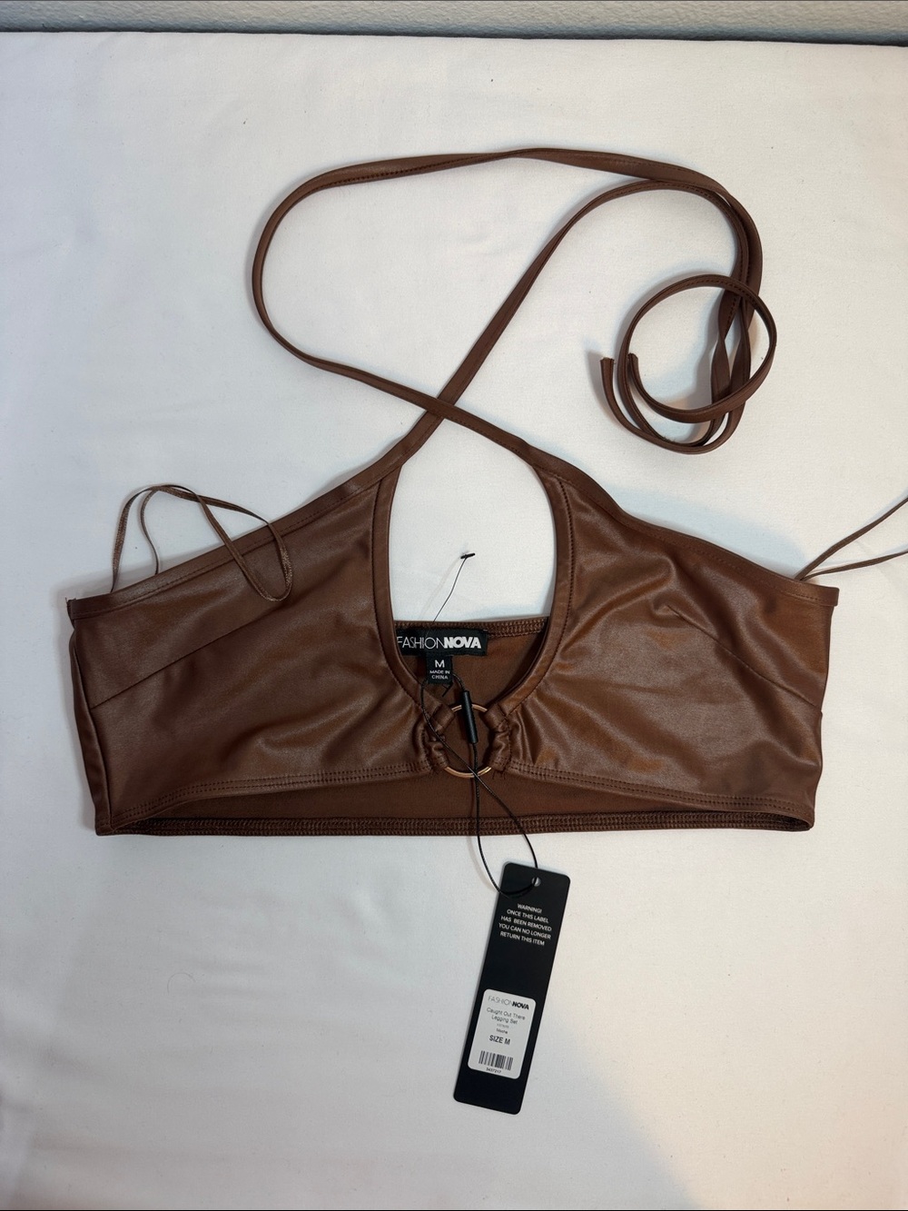 Fashion Nova Brown Faux Leather Halter Bikini Top